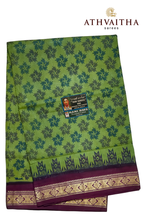 Madurai Rani Sungudi Cotton With Doubleside Small Zari Border Contrast-Flower Rangoli