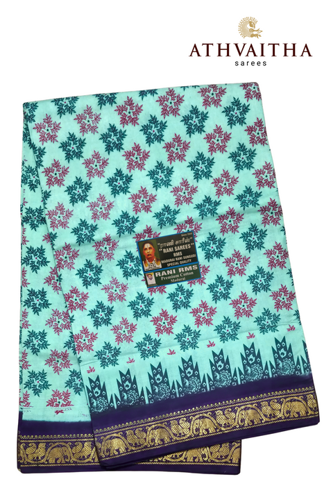 Madurai Rani Sungudi Cotton With Doubleside Small Zari Border Contrast-Flower Rangoli