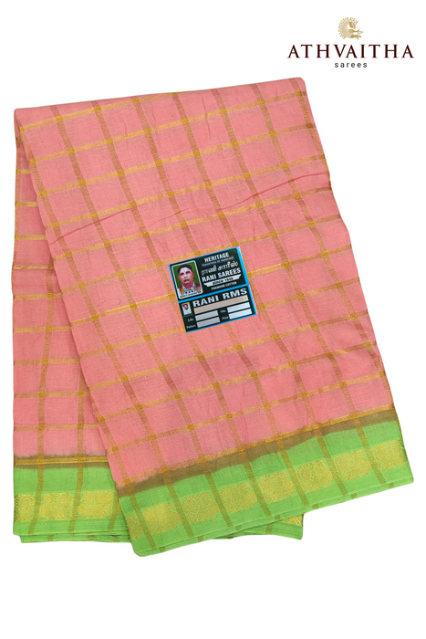 Rani Sungudi Premium Cotton Big Zari Checks-Peach