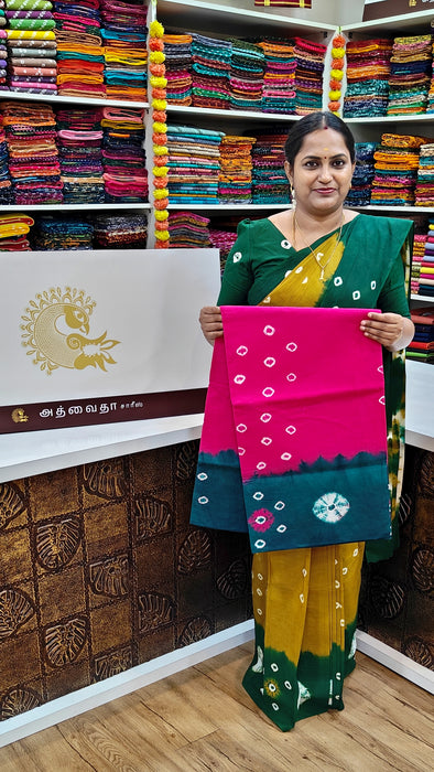 Rani Sungudi Pure Cotton Sarees Tye&Dye 120's-Pink With BottleGreen