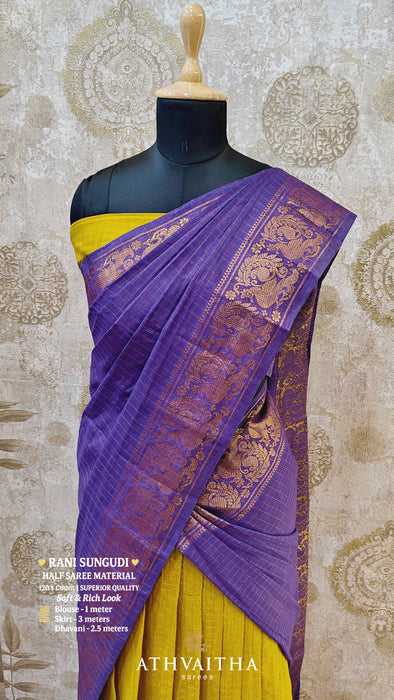 Rani Sungudi Half Saree Material Gold Zari - Mustard-Violet