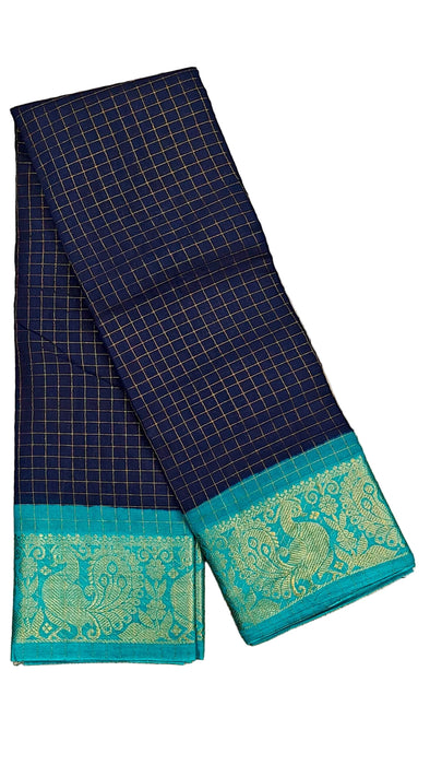 Rani Sungudi Cotton Zari Checks Contrast Double Side Boder -DarkBlue-RamaGreen