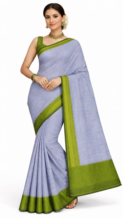 Rani Rich Cotton Saree – Grey With OliveGreen Thread Border