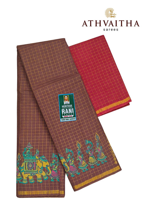 Rani Zari Checks With Kalamkari Design Contrast With Blouse