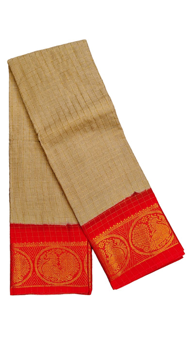 Rani Sungudi Cotton Zari Checks Contrast Double Side Boder -Biscuit-Red