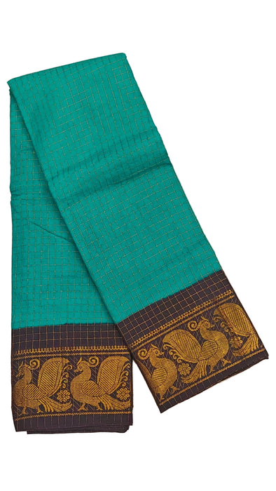 Rani Sungudi Cotton Zari Checks Contrast Double Side Boder -RamaGreen-Brown