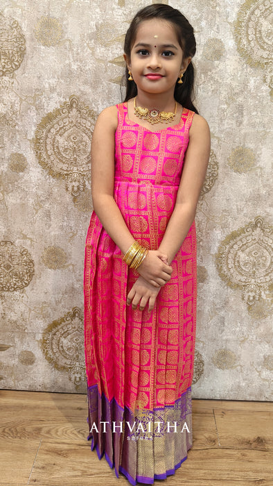 Thara Rani Pink Traditional Kids Maxi Gown With Blue Jacket