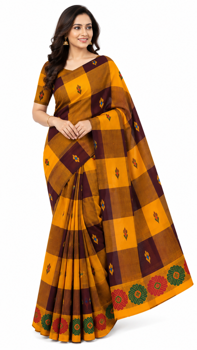 Chettinad Cotton Checked Saree – Mustard With Maroon Thread Border