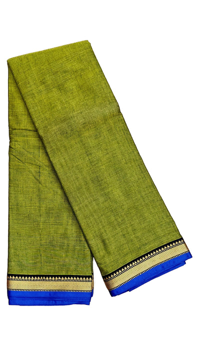 Narayanpet Cotton Saree - OliveGreen With Blue Thread Border