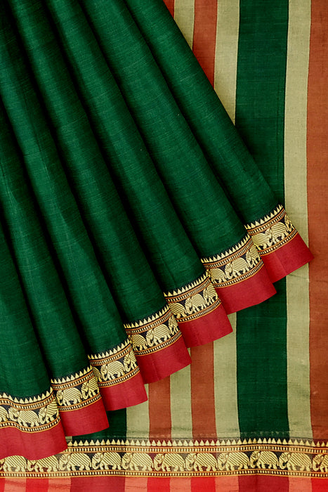 Narayanpet Cotton Saree - Bottle Green With Maroon