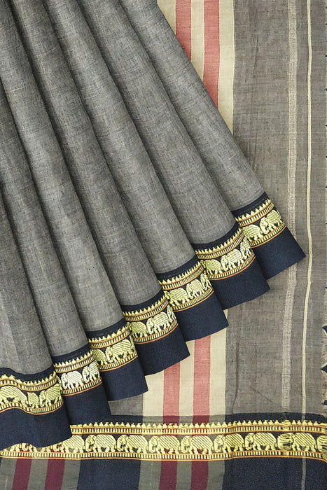 Narayanpet Cotton Saree - Grey With Black