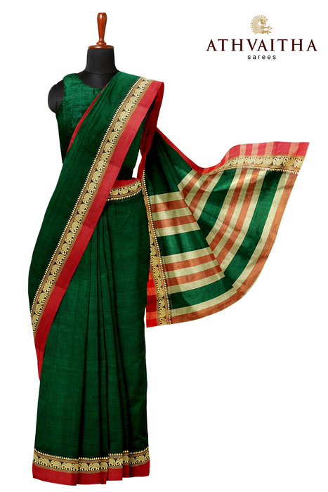 Narayanpet Cotton Saree - Bottle Green With Maroon