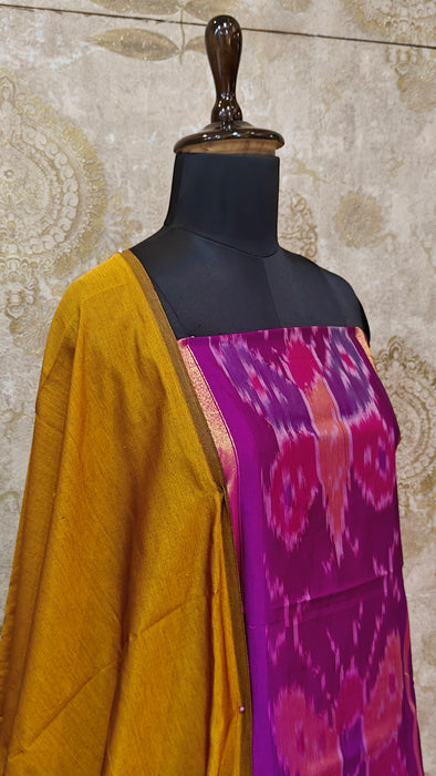 Ikkat Sico Silk Cotton Salwar Material - Magenta With Mustard