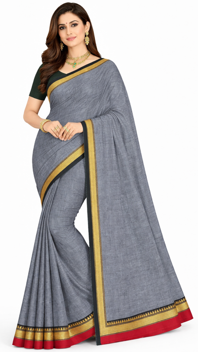 Narayanpet Cotton Saree -Gray With Red Thread Border