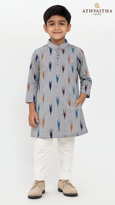 Boys Handloom Ikkat Cotton Kurta 2 Years – Grey Multicolor Print