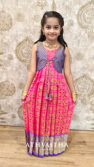 Thara Rani Pink Traditional Kids Maxi Gown With Blue Jacket