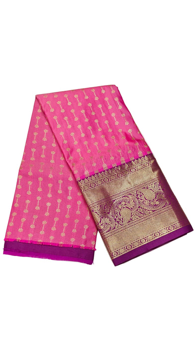 Pattu pavadai sattai Material and Langa blouse for kids and women-Rani Pink with Purple