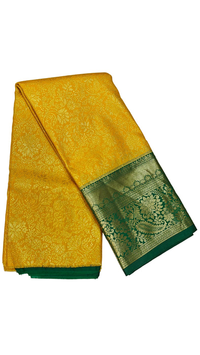 Pattu pavadai sattai Material and Langa blouse for kids and women-Golden Yellow with Bottle Green