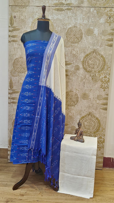 Ikkat Pochampally Pure Cotton Salwar Material -DarkBlue With White
