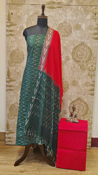 Ikkat Pochampally Pure Cotton Salwar Material - BottleGreen With Red