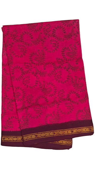 Rani Sungudi Cotton Sarees Double Side Zari Border Parrot Print-Pink-Maroon