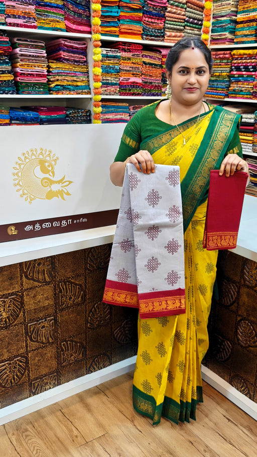 Madurai Sungudi cotton saree with kolam design, Gray body and Maroon contrast pallu