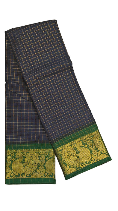Rani Sungudi Cotton Zari Checks Contrast Double Side Boder -Black-BottolGreen