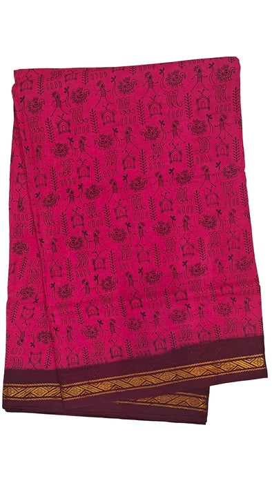 Rani Sungudi Cotton Sarees Double Side Zari Border WarliPrint -Pink-Maroon