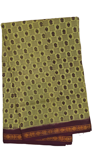 Rani Sungudi Cotton Sarees Double Side Zari Border Dot Flower - YellowishGreen-Purple