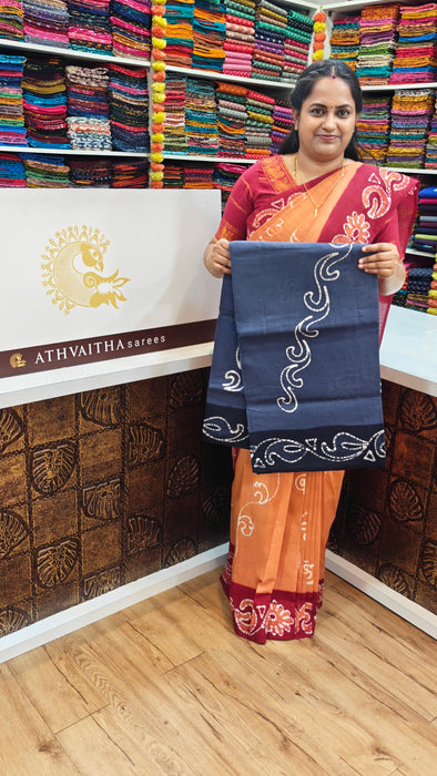 Rani Sungudi Cotton Sarees Without Zari Contrast Hand Art