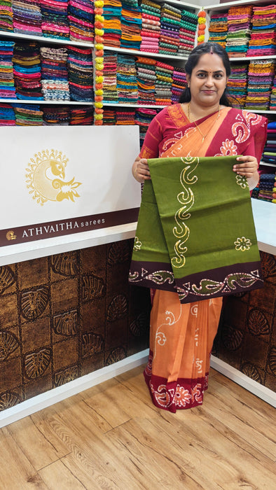 Rani Sungudi Cotton Sarees Without Zari Contrast Hand Art