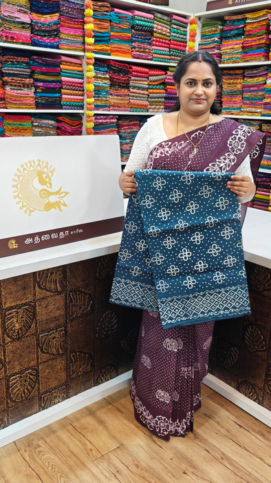 Rani Sungudi Cotton Saree Without Zari Border Flower Design Self