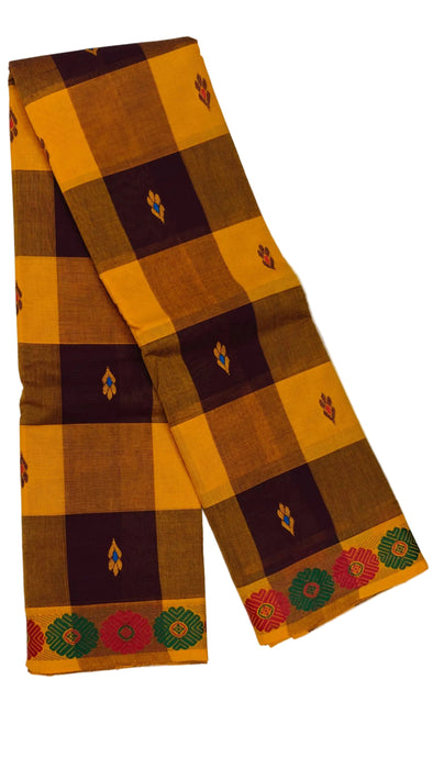 Chettinad Cotton Checked Saree – Mustard With Maroon Thread Border