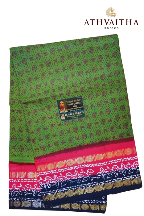 Rani Pure Sungudi Cotton Sarees With Doubleside Rudraksha Border Contrast-3D Rangoli