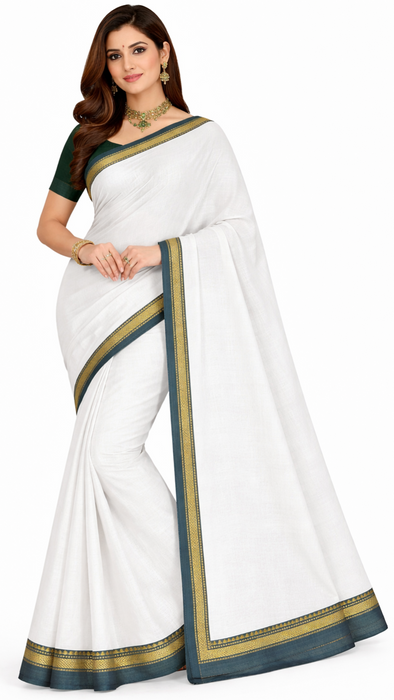 Narayanpet Cotton Saree - White With Gray Thread Border