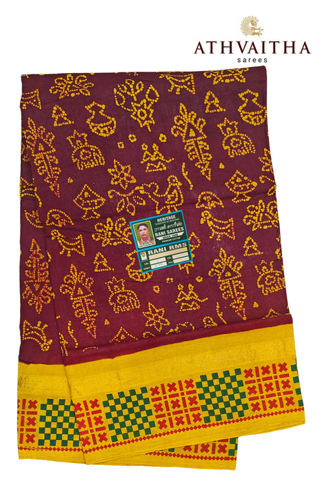 Madurai Rani Sungudi Warli Hand Block With Contrast 1"inch Zari Border