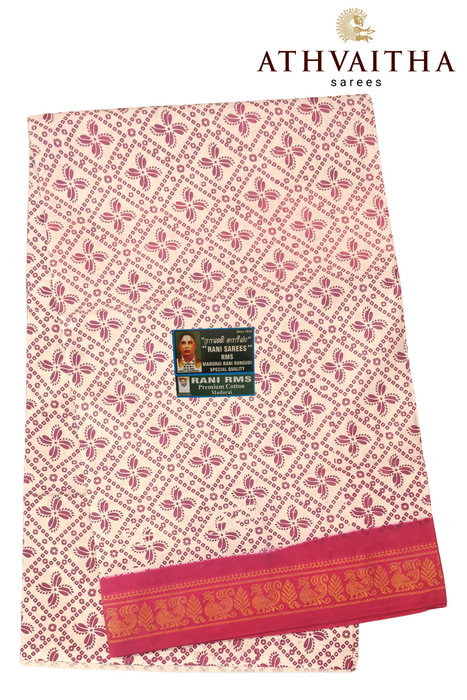 Madurai Rani Sungudi Pure Cotton Saree With One Side Small Zari Border-Contrast Hand Printed