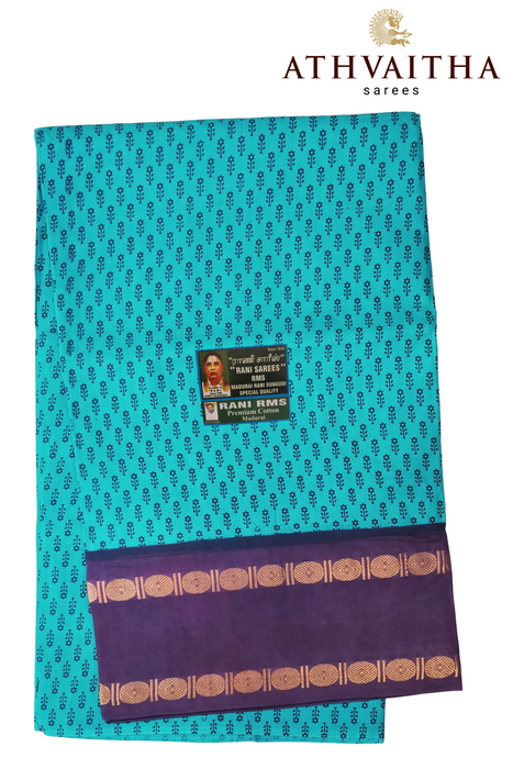 Pure Cotton Madurai Sungudi Sarees- Hand Printed With One Side Rudraksha Border-Contrast