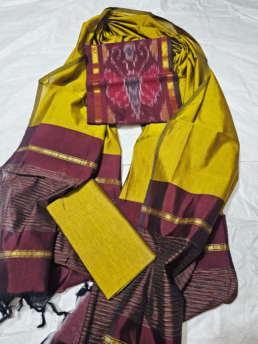 Ikkat Sico Silk Cotton Salwar Material - Maroon With OliveGreen