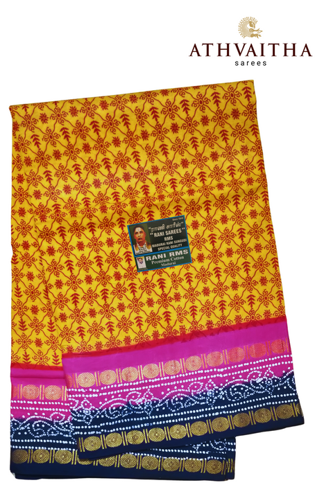 Madurai Pure Sungudi Cotton Rani Sarees With Doubleside Rudraksha Border Contrast-3D Rangoli-2