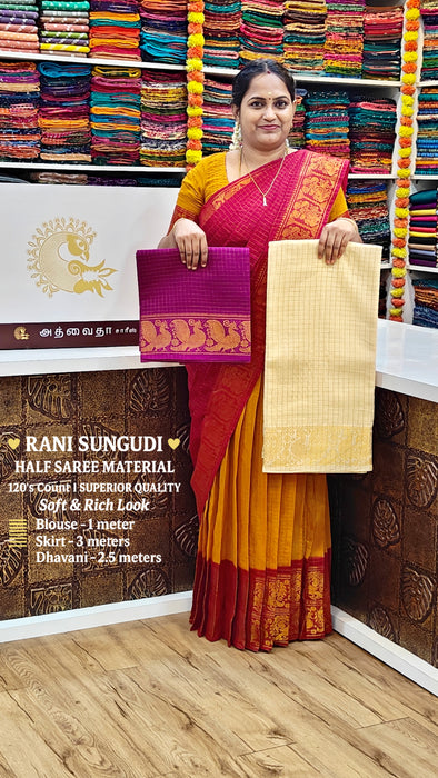 Rani Sungudi Half Saree Material Gold Zari-OffWhite-Magenta