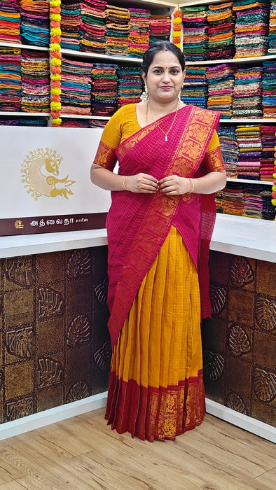Rani Sungudi Half Saree Material Gold Zari-Mustard-Maroon