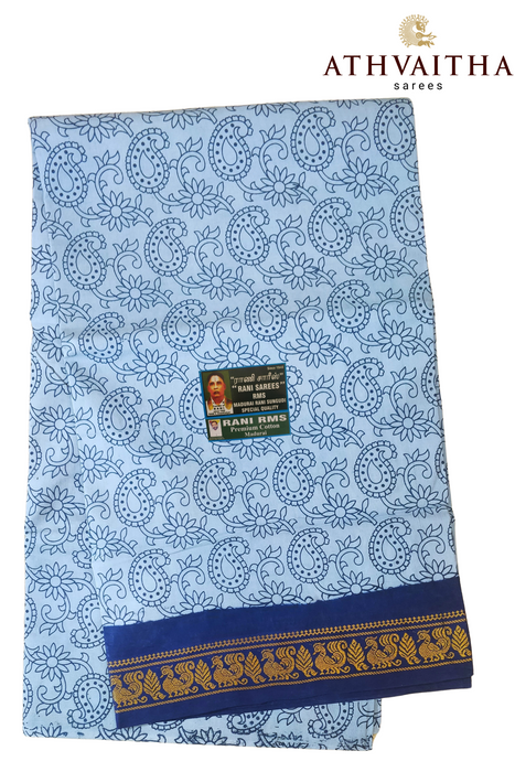 Sungudi Pure Cotton Saree With One Side Small Zari Border-Contrast Hand Printed