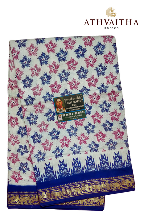 Madurai Rani Sungudi Cotton With Doubleside Small Zari Border Contrast-Flower Rangoli