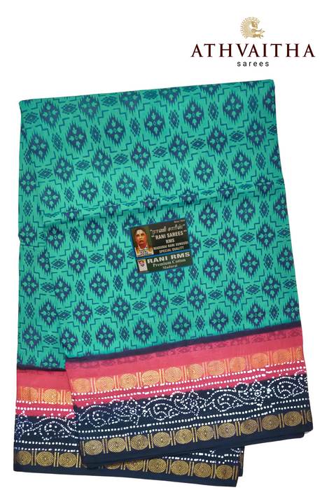 Madurai Pure Sungudi Cotton Rani Sarees With Doubleside Rudraksha Border Contrast-3D Rangoli-1