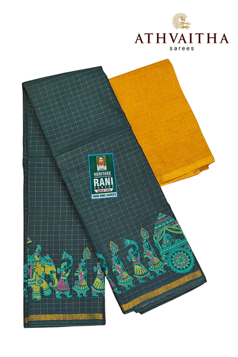 Rani Zari Checks With Kalamkari Design Contrast With Blouse