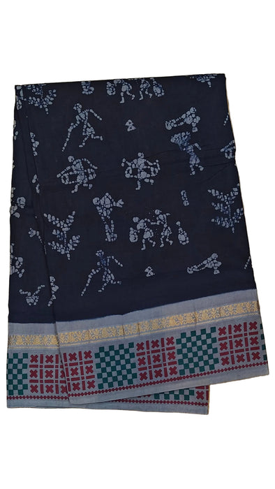 Madurai Rani Sungudi Cotton Saree With Small Zari Border-D.Blue With Grey