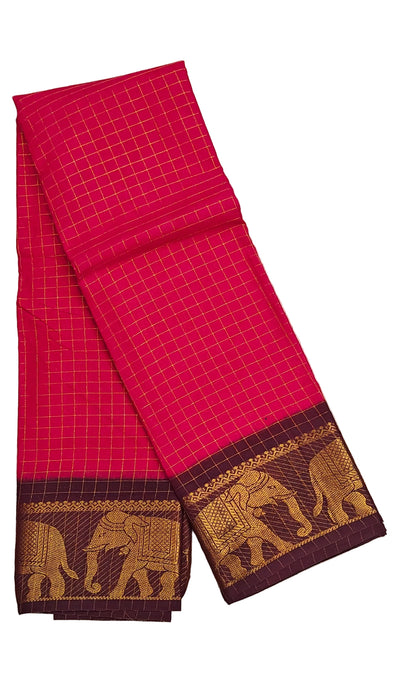 Rani Sungudi Cotton Zari Checks Contrast Double Side Boder -Red-CoffeBrown