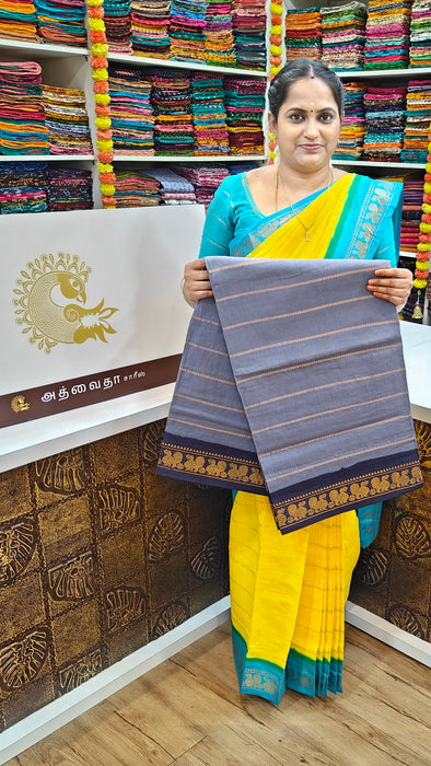 Rani Sungudi Cotton Saree With Doubleside Contrast Border Veldhari -Gray-DarkBlue