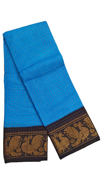 Rani Sungudi Cotton Zari Checks Contrast Double Side Boder -InkBlue-DarkBlue